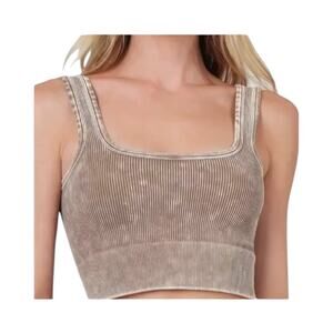 Kali Rose Ribbed Square-Neck Sports Bra in Taupe Stone Size 2XL